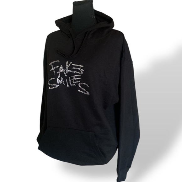 YOURS TRULY “FAKE SMILES” PHORA Fleece Hoodie Medium Black Silver Rhinestones - Picture 5 of 10